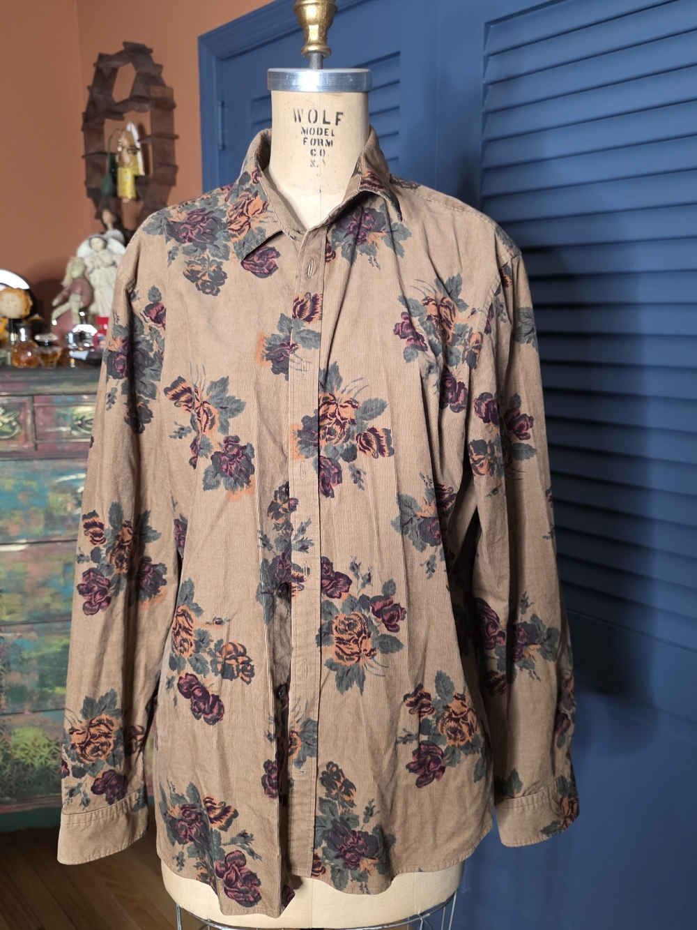 Express Floral Button-Down Shirt in Tan with Purple & Green Accents